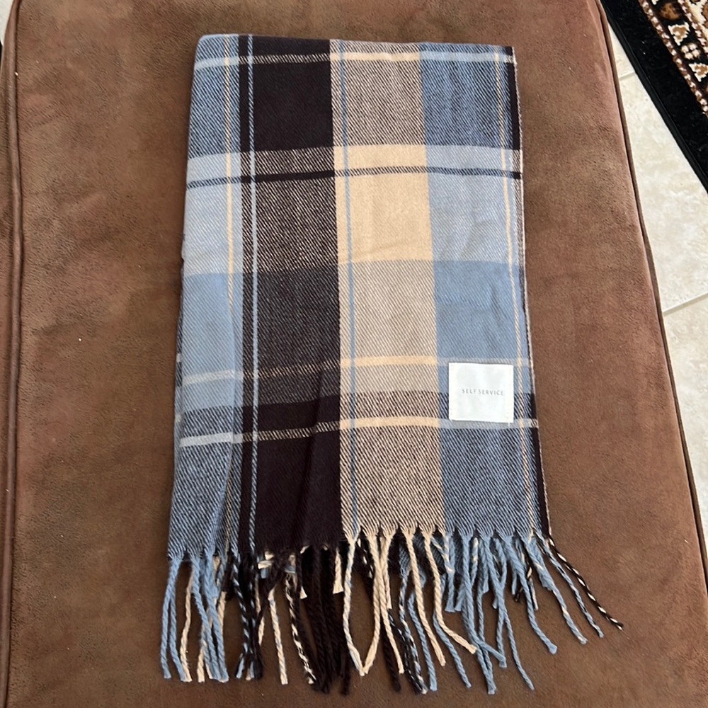 Self Service Scarf Size 22” X 34” Tan/Brown/Blue Pais Cashmere New Without Tag